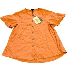 Who What Wear Women's Crew Neck Button Front Top Short Sleeve Orange Size S